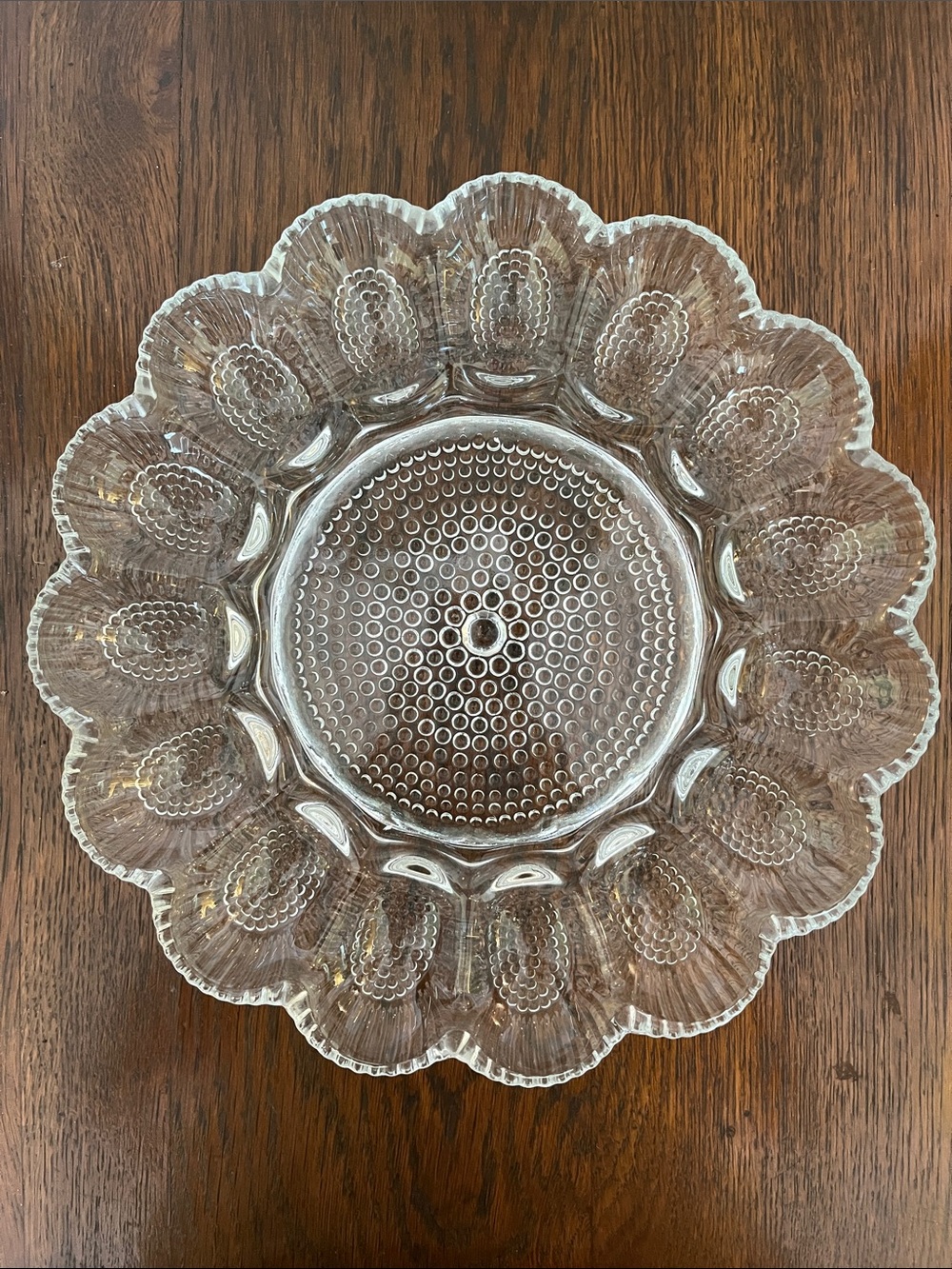Indiana Glass Company deviled egg plate in the Hobnail pattern